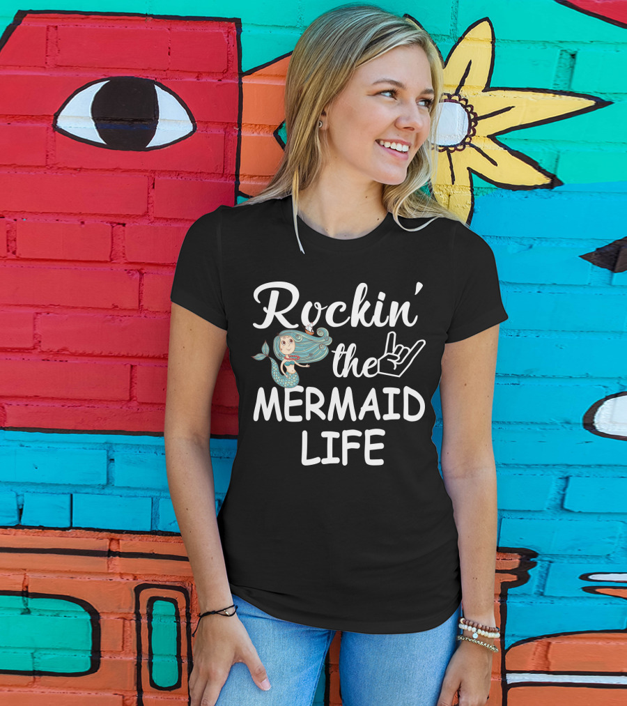 Rockin' The Mermaid Life With Hand Sign And Cartoon Mermaid T-Shirt