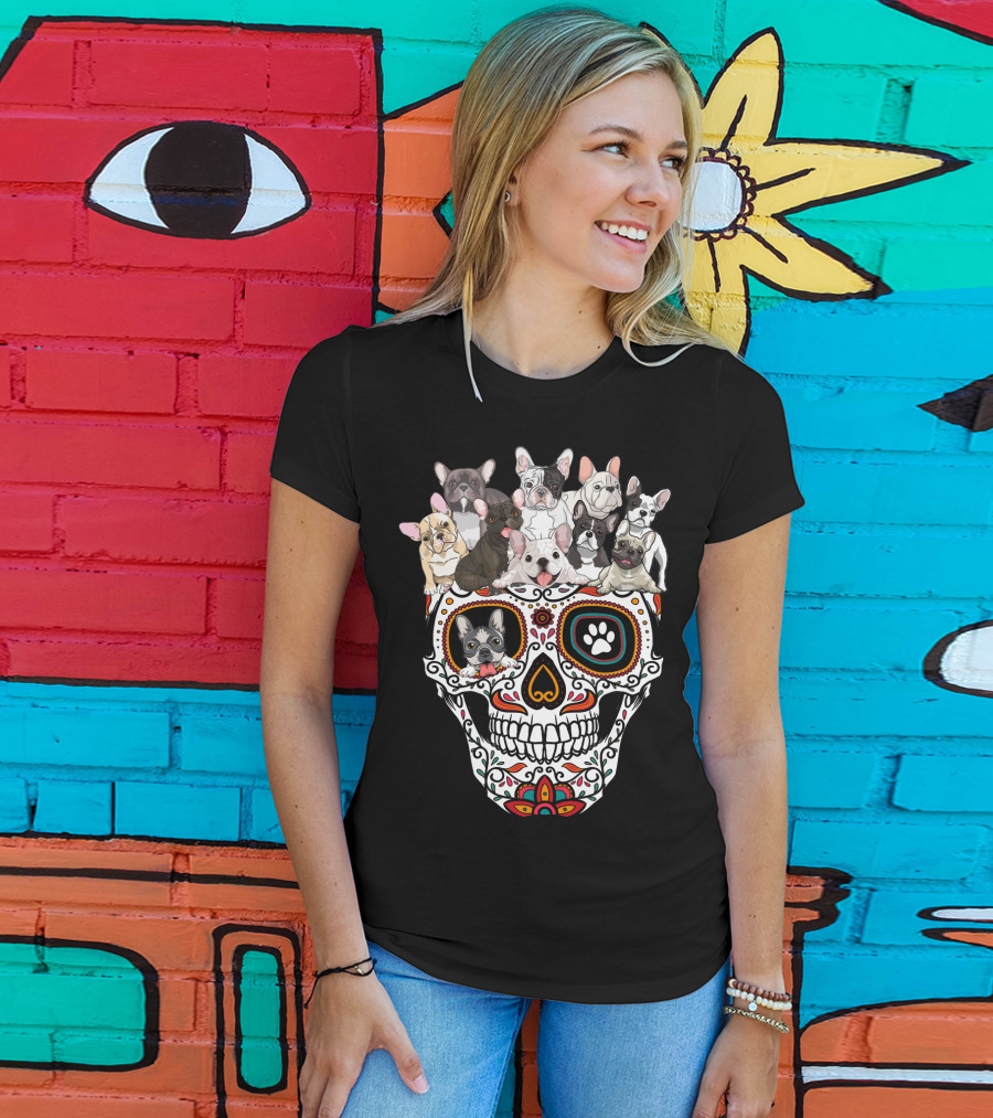 Skull Sugar French Bulldog Día De Los Muertos T-Shirt