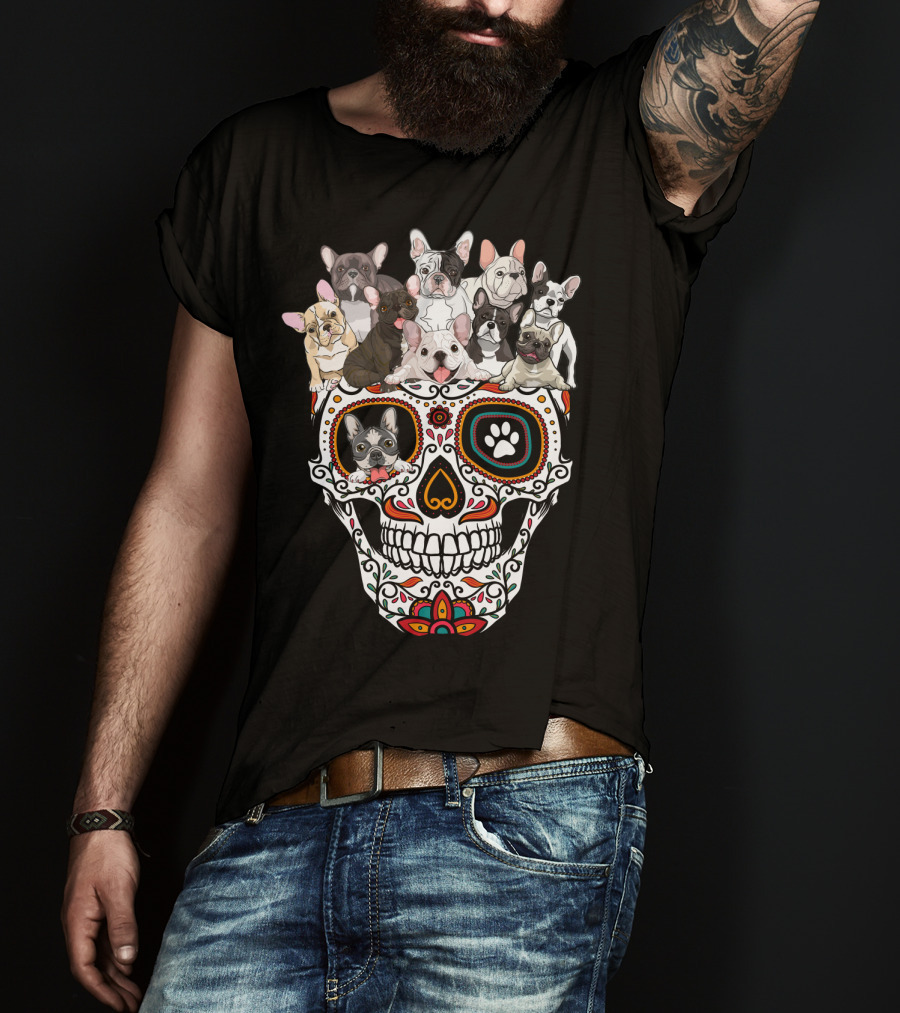 Skull Sugar French Bulldog Día De Los Muertos T-Shirt