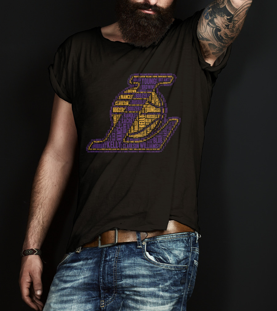 Los Angeles Lakers Word Cloud Logo Featuring Bryant Clarkson Russell Boozer And Young T-Shirt