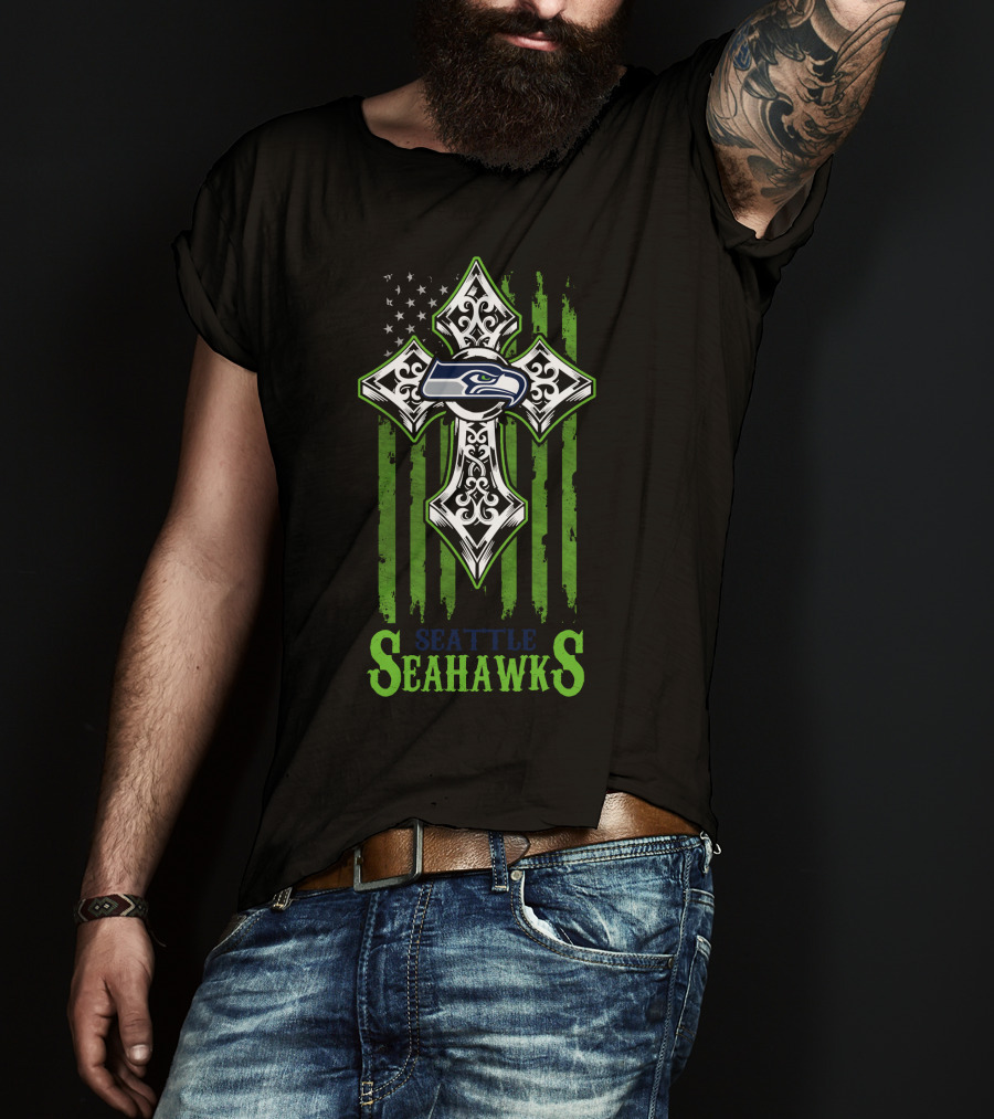 Seattle Seahawks Cross With American Flag Elements T-Shirt