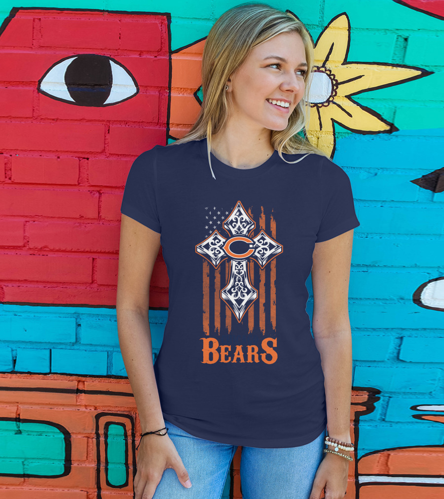 Chicago Bears Cross With American Flag Stripes T-Shirt
