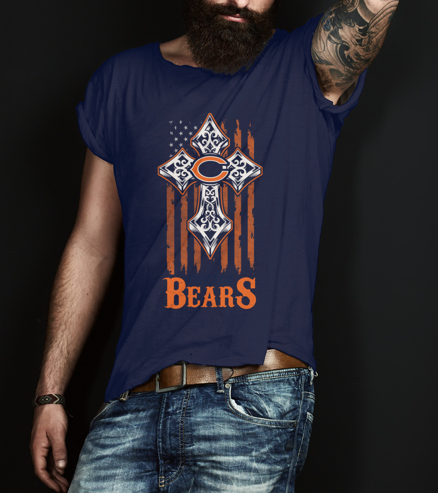 Chicago Bears Cross With American Flag Stripes T-Shirt
