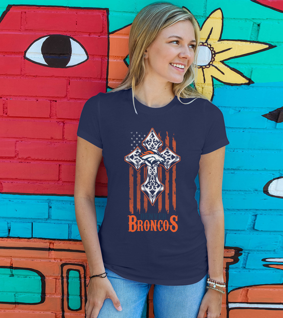 Denver Broncos American Flag Cross Horse T-Shirt