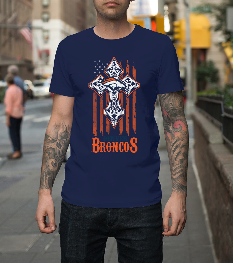 Denver Broncos American Flag Cross Horse T-Shirt