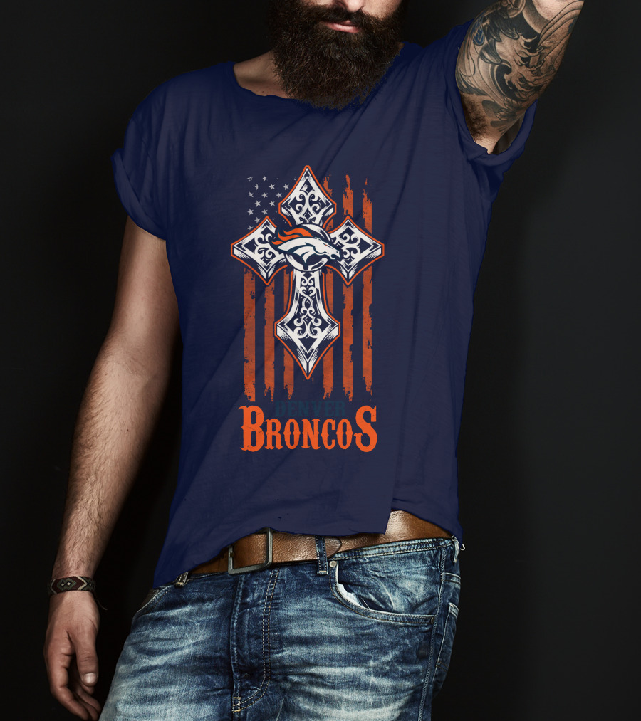 Denver Broncos American Flag Cross Horse T-Shirt