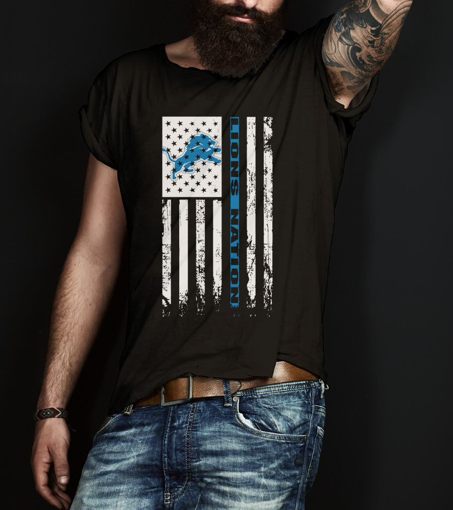 Detroit Lions Nation Flag Design With Blue Lion And Stars T-Shirt