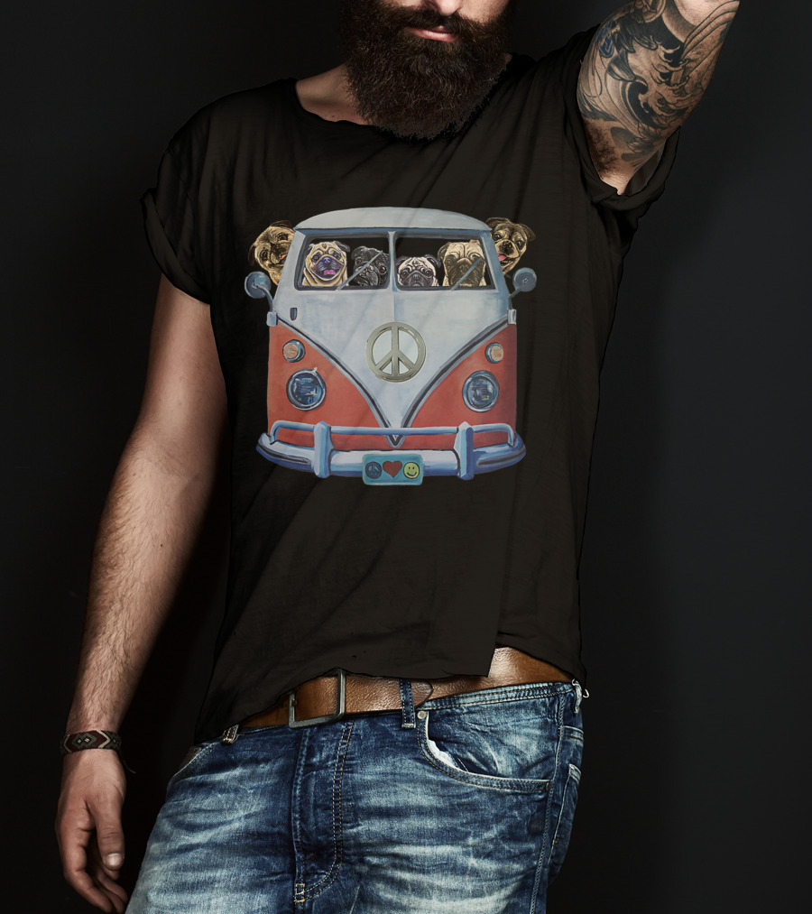 Pug Faces In Iconic Hippie Van With Peace Symbol And Love Smile Elements T-Shirt