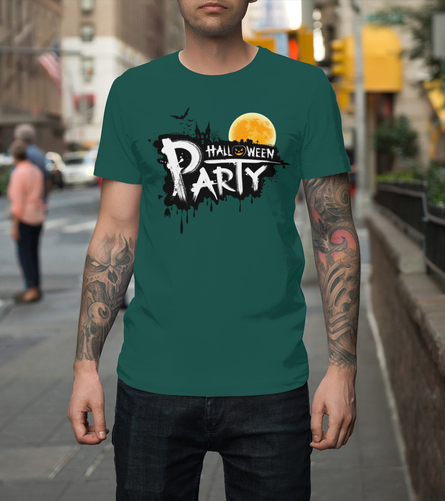 Halloween Party Moonlit Haunted House and Bats T-Shirt