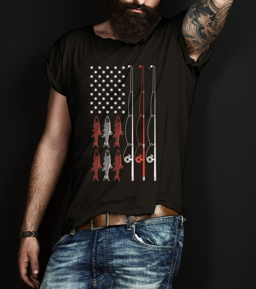 American Flag Fishing Dad Grandpa Vintage Patriotic Fishing Rods And Fish T-Shirt