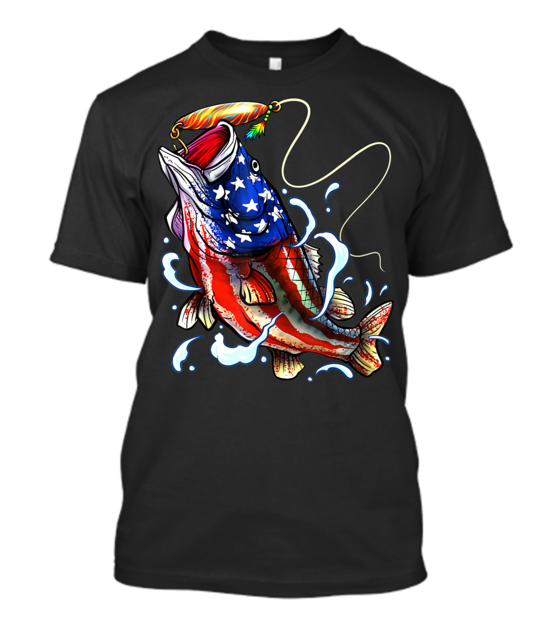 Bass Fishing Angler Dad With American Flag T-Shirt