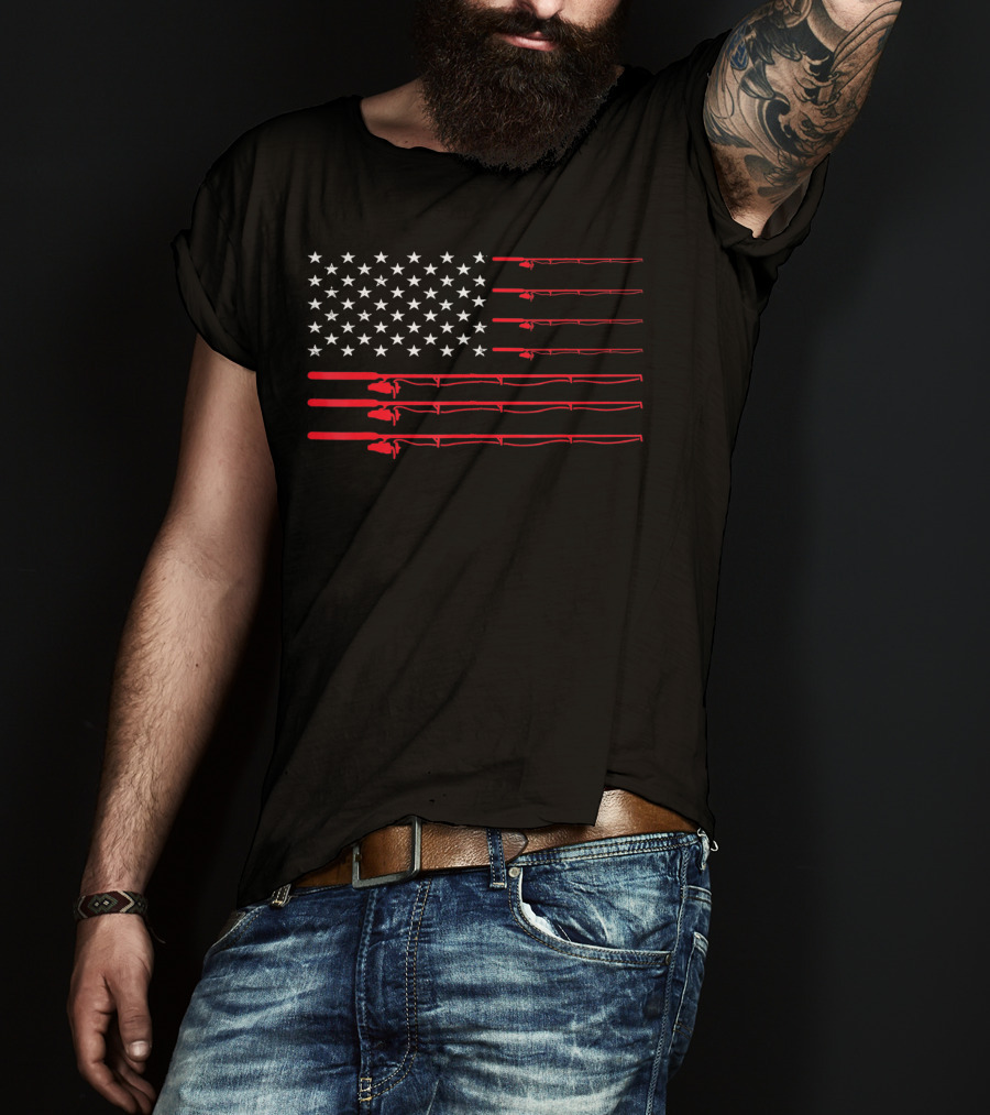 American USA Flag Fishing Rods Fisherman T-Shirt