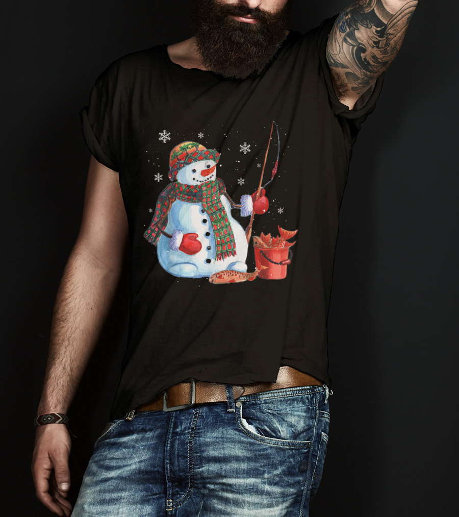 Merry Christmas Fishing Snowman With Fish And Snowflakes For Fishing Lovers T-Shirt