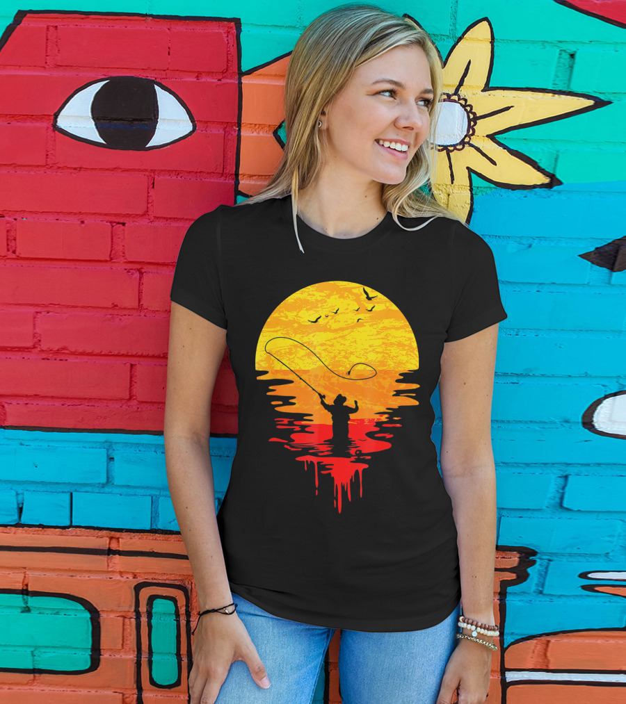 Fly Fishing At Sunset Vintage Style Silhouette With Birds T-Shirt
