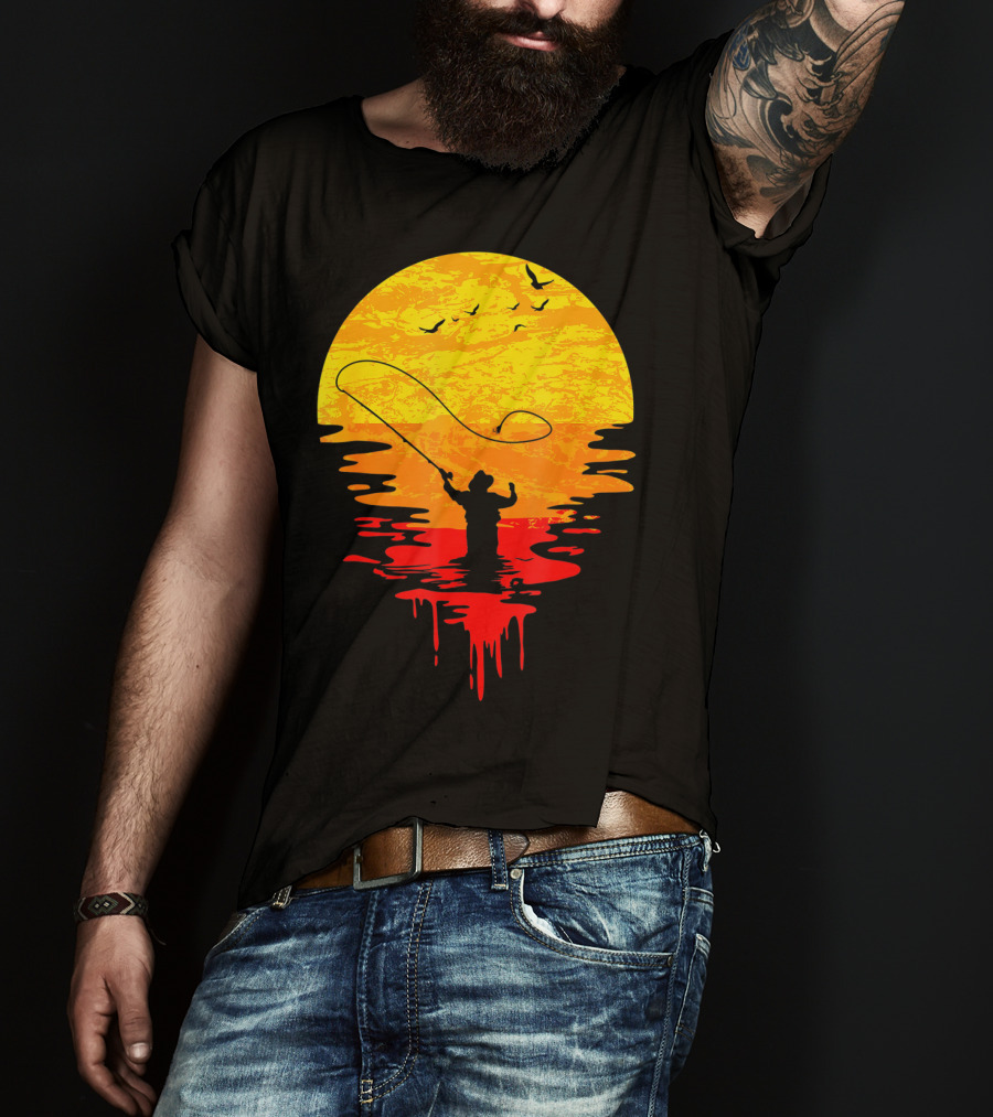 Fly Fishing At Sunset Vintage Style Silhouette With Birds T-Shirt