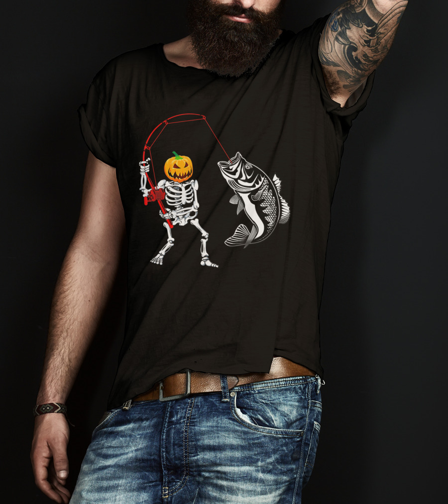 Halloween Pumpkin Skeleton Fishing With Bass Catch T-Shirt