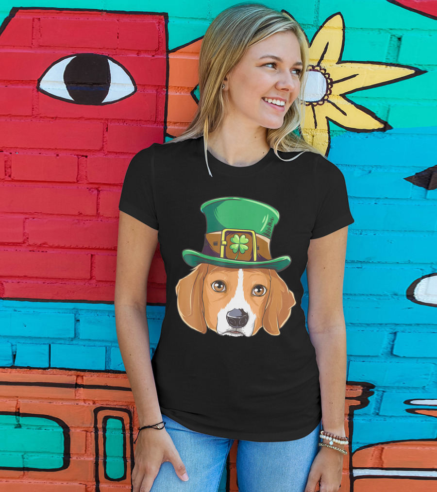 Beagle Wearing Leprechaun Hat With Shamrock T-Shirt