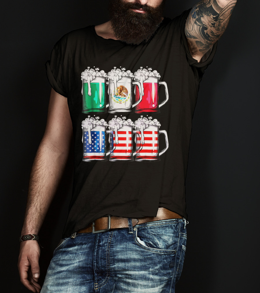 Beer Mugs Mexican American Flags Cinco De Mayo T-Shirt