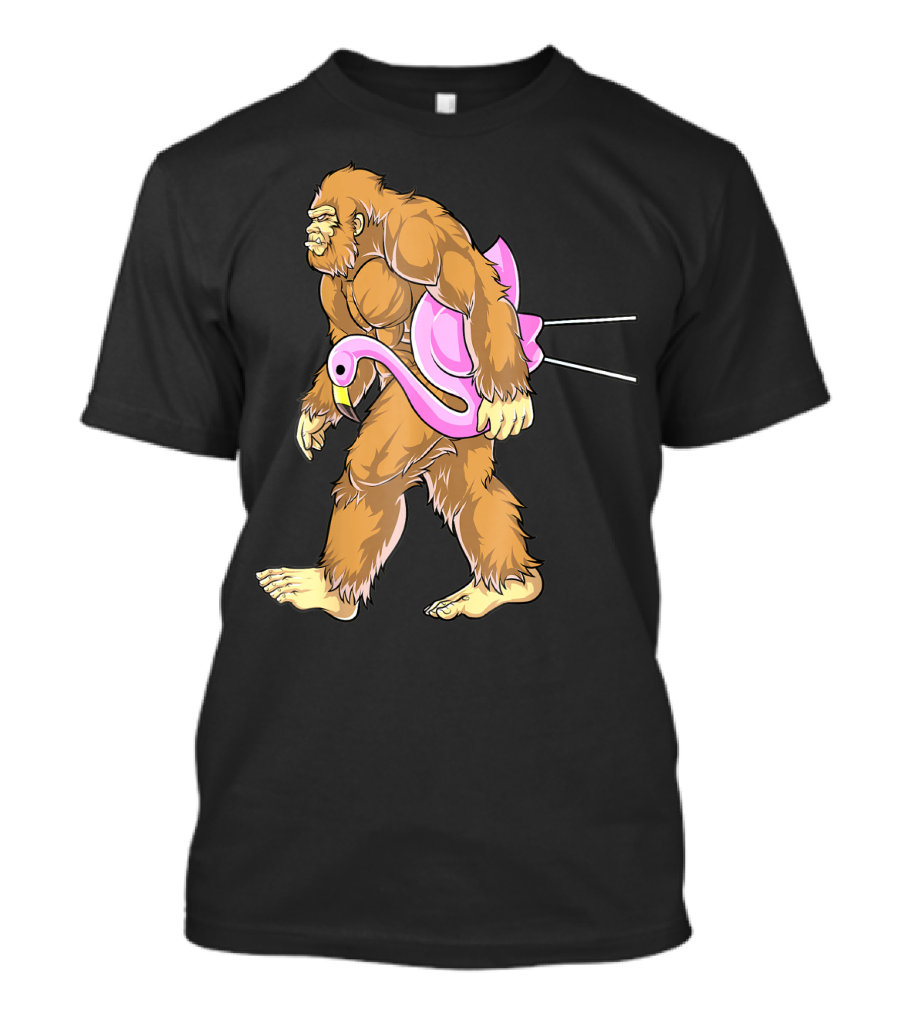 Bigfoot Carrying Pink Lawn Flamingo Humorous Sasquatch Image T-Shirt