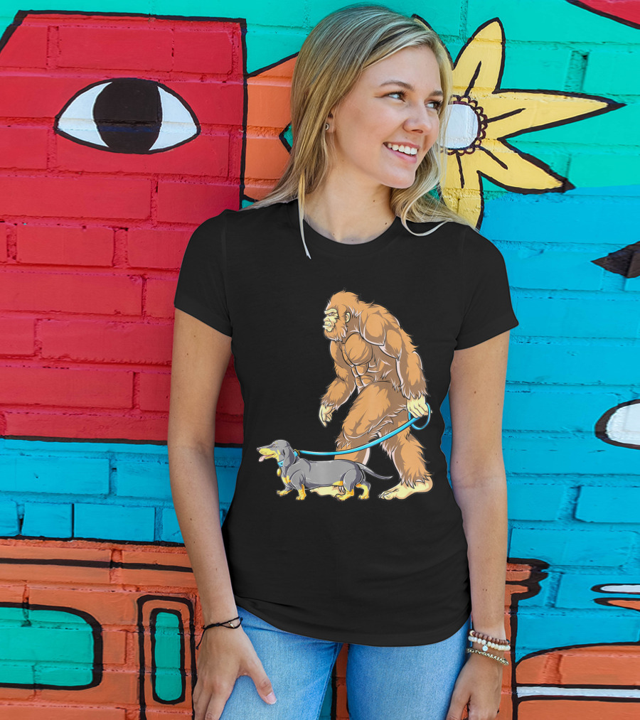 Bigfoot Sasquatch Walking Dachshund Dog T-Shirt