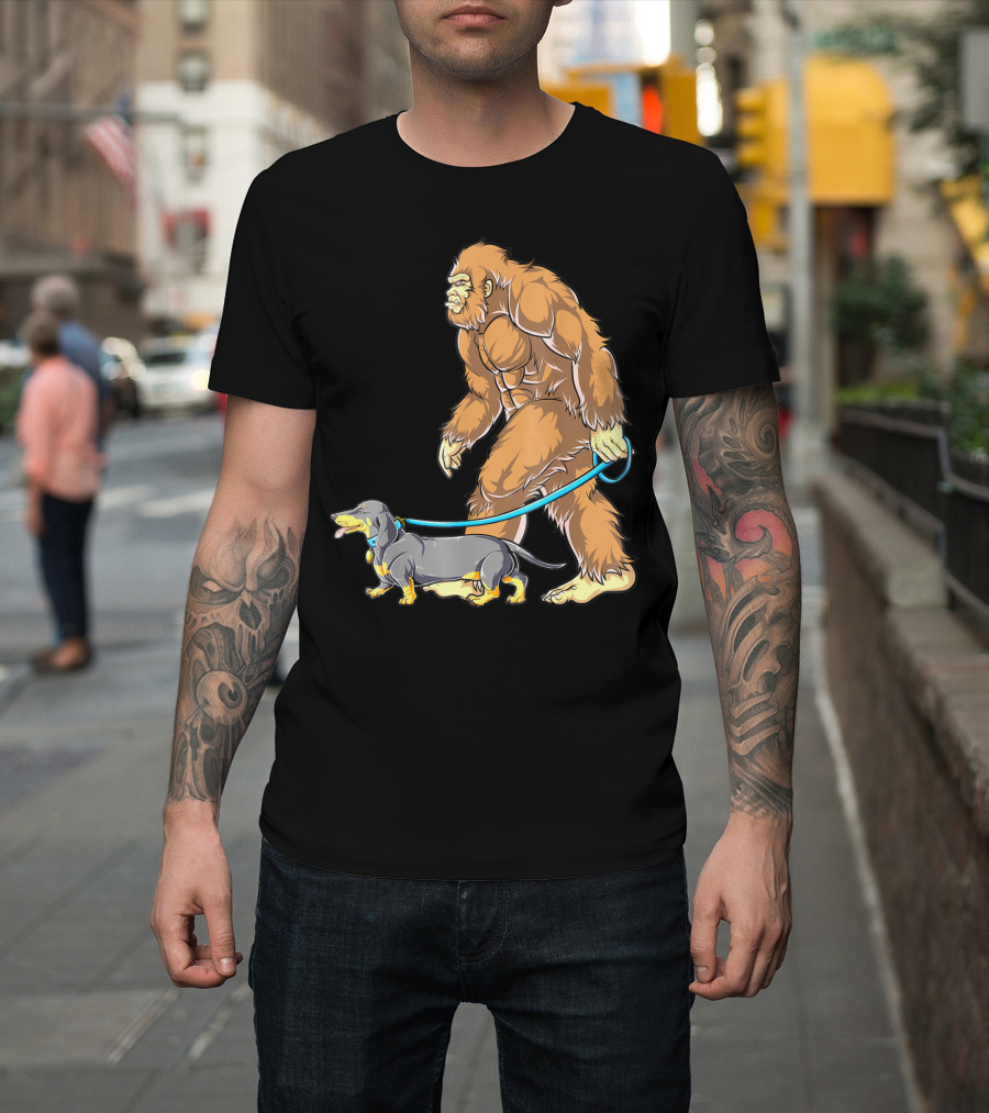 Bigfoot Sasquatch Walking Dachshund Dog T-Shirt
