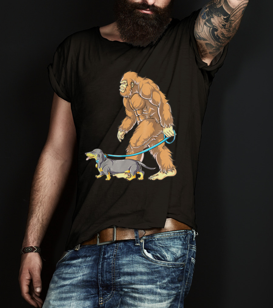 Bigfoot Sasquatch Walking Dachshund Dog T-Shirt