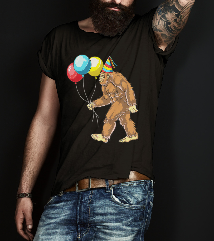 Bigfoot It's My Birthday Kids Boys Sasquatch Party With Balloons And Party Hat T-Shirt