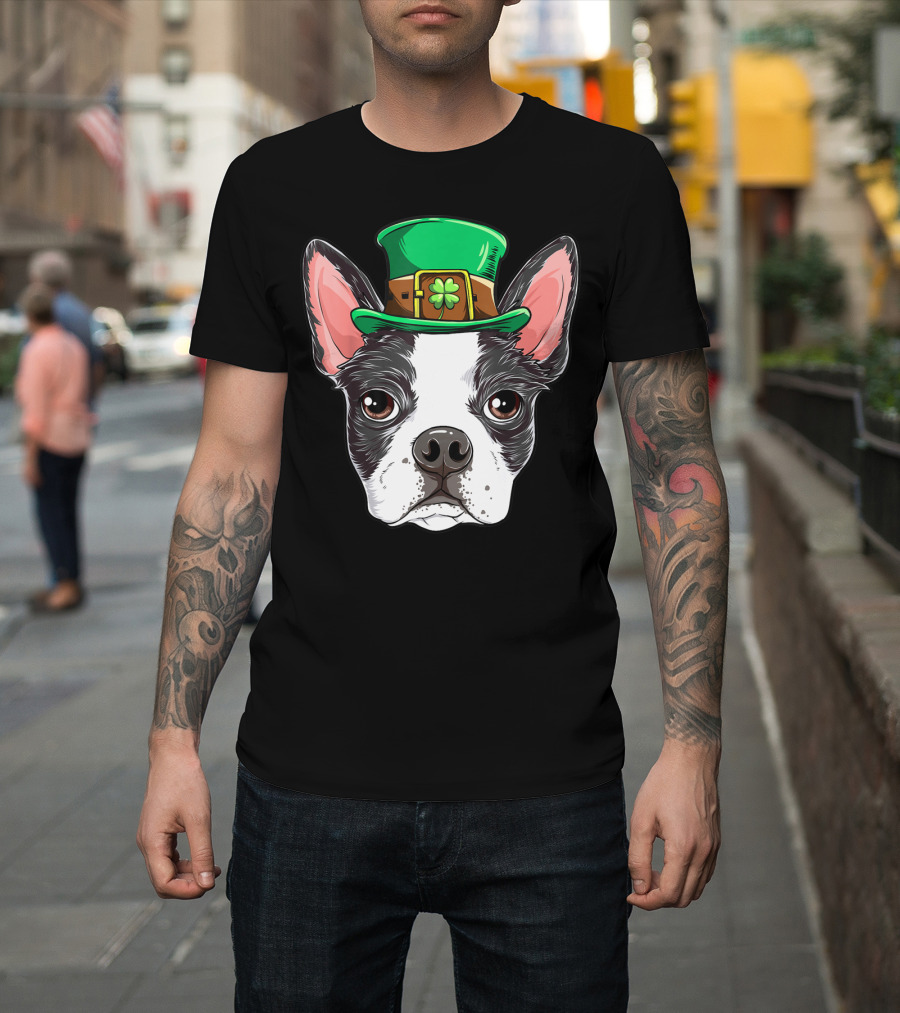 Boston Terrier St Patricks Day Leprechaun Dog With Green Hat T-Shirt