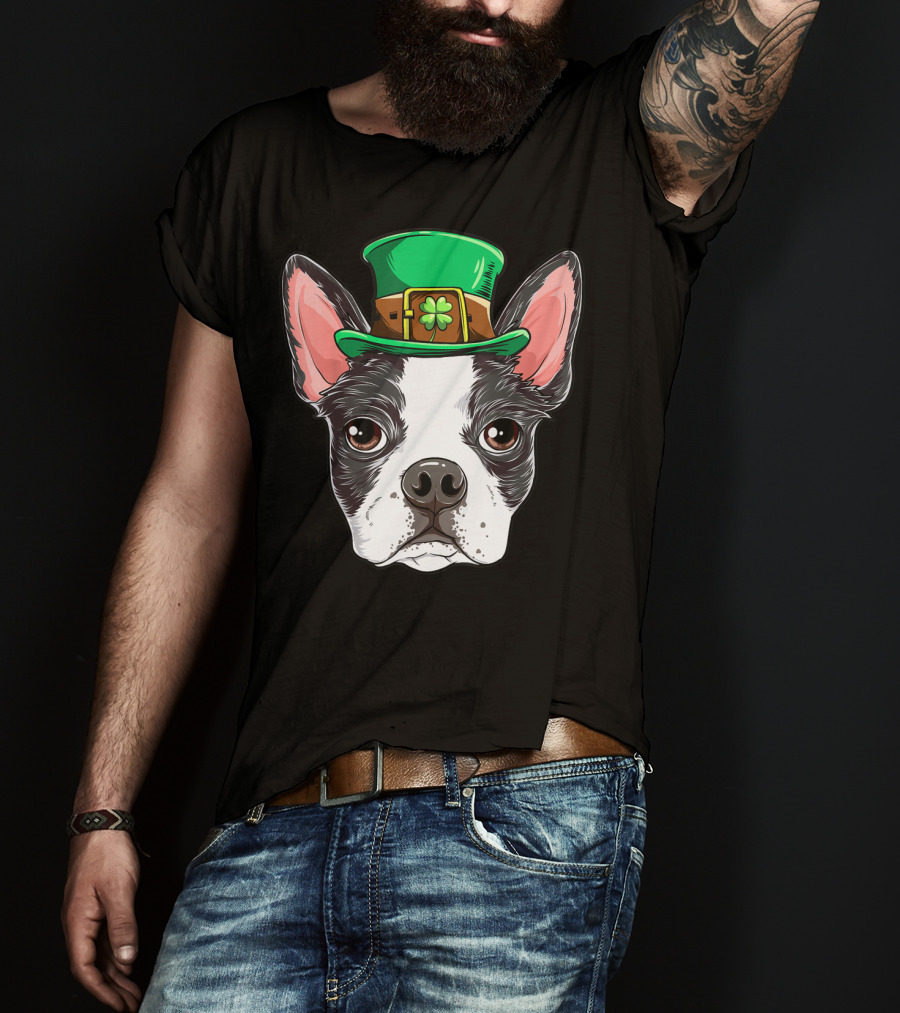 Boston Terrier St Patricks Day Leprechaun Dog With Green Hat T-Shirt