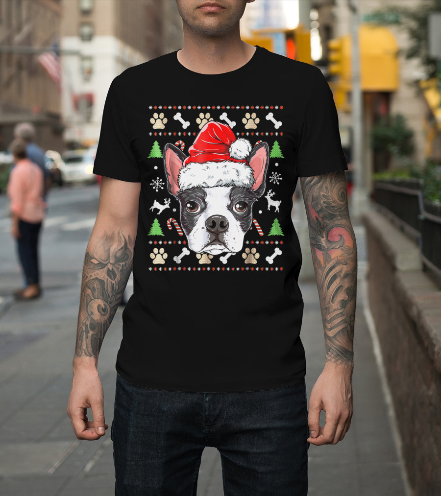 Boston Terrier Christmas Santa Hat Dog With Bones And Tree T-Shirt