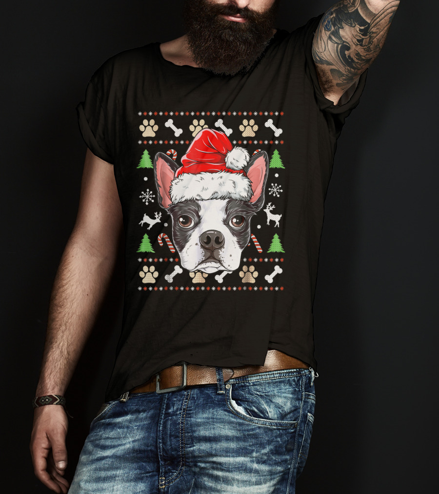 Boston Terrier Christmas Santa Hat Dog With Bones And Tree T-Shirt