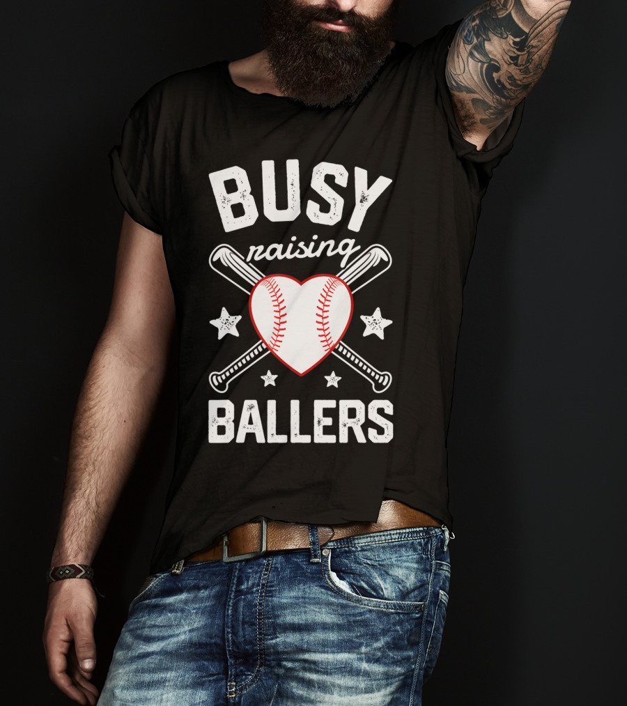 Busy Raising Ballers Heart Baseball And Bats With Stars T-Shirt