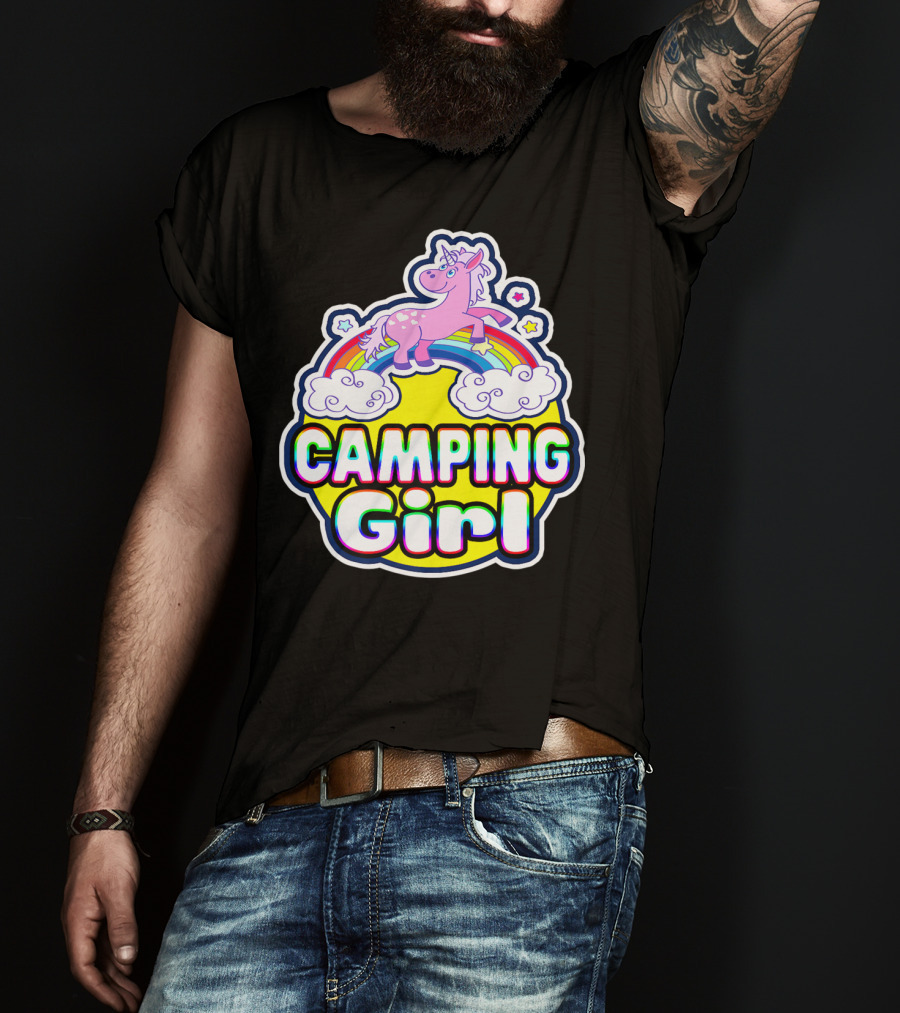 Camping Girl Rainbow Unicorn Cloud Adventure T-Shirt