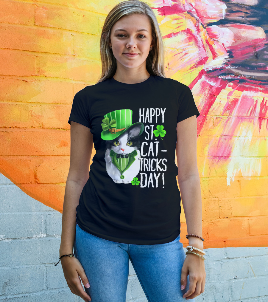 Happy St. Cat-Tricks Day Leprechaun Cat Shamrock T-Shirt