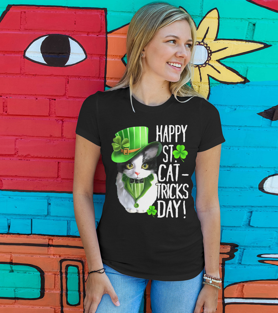 Happy St. Cat-Tricks Day Leprechaun Cat Shamrock T-Shirt
