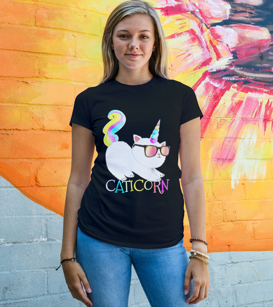 Caticorn Rainbow Unicorn Cat Girls Sunglasses Colorful Mane T-Shirt