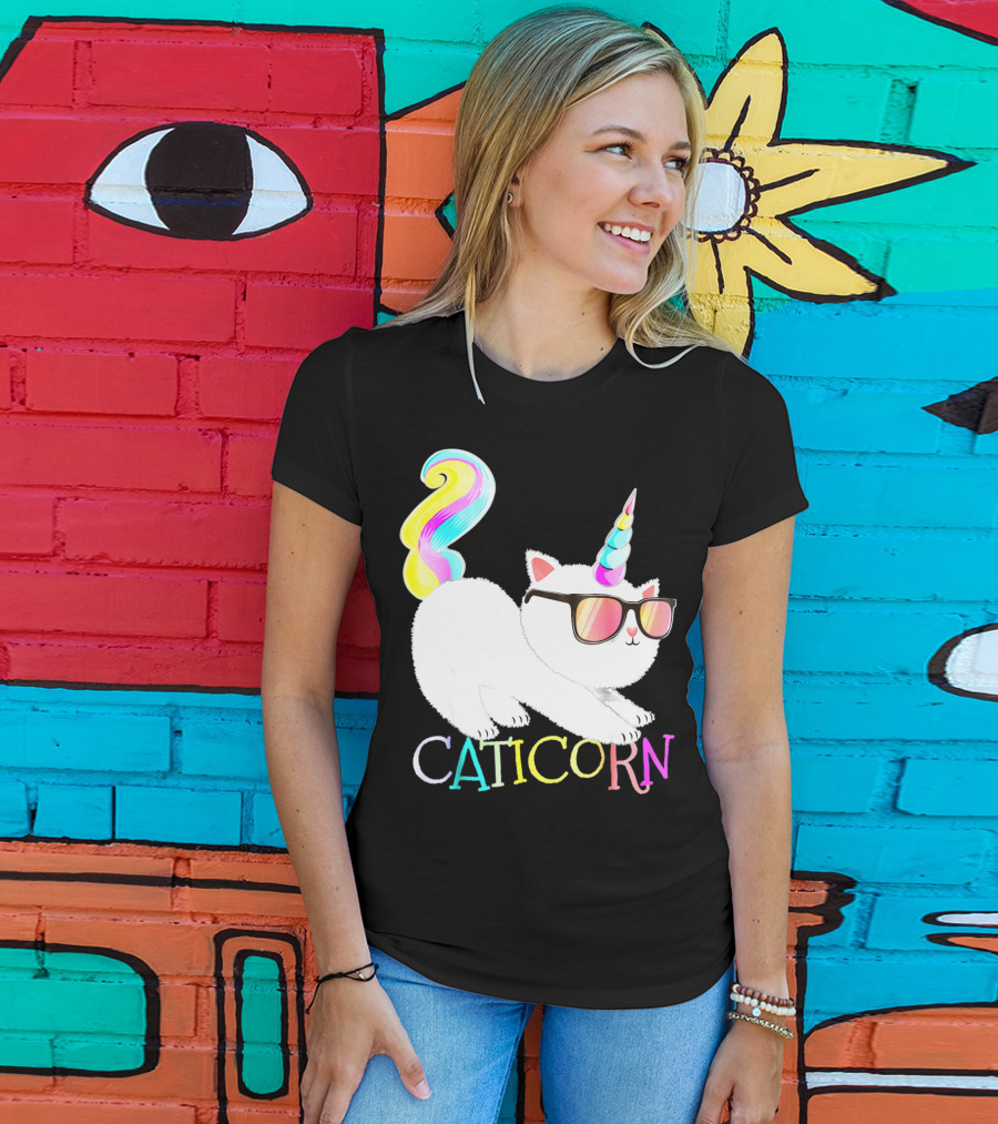 Caticorn Rainbow Unicorn Cat Girls Sunglasses Colorful Mane T-Shirt