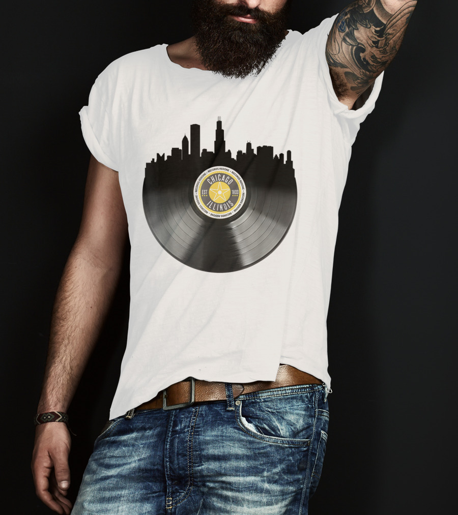 Chicago Illinois Vinyl Record Skyline EST 1833 T-Shirt