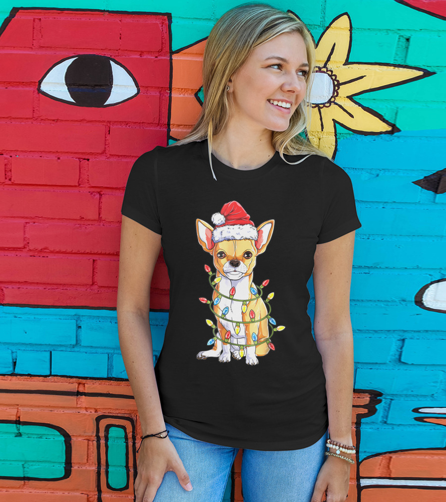 Chihuahua Christmas Santa Hat Holiday Lights Dog T-Shirt