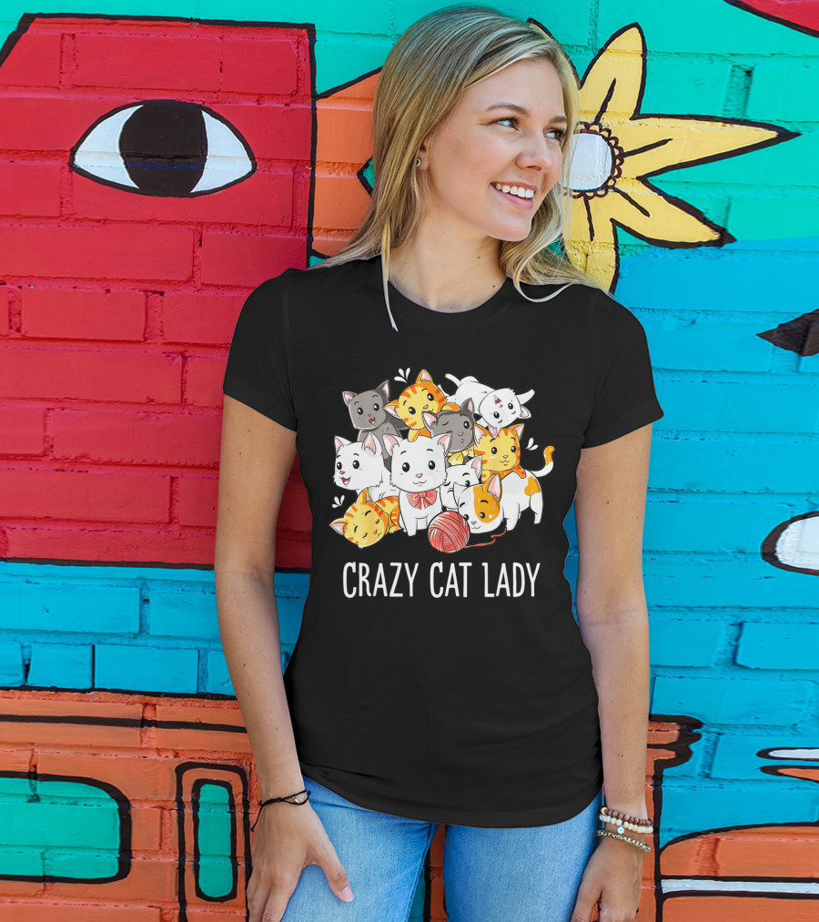 Crazy Cat Lady Funny Cats Kitty Kitten Meme With Playful Yarn Ball T-Shirt