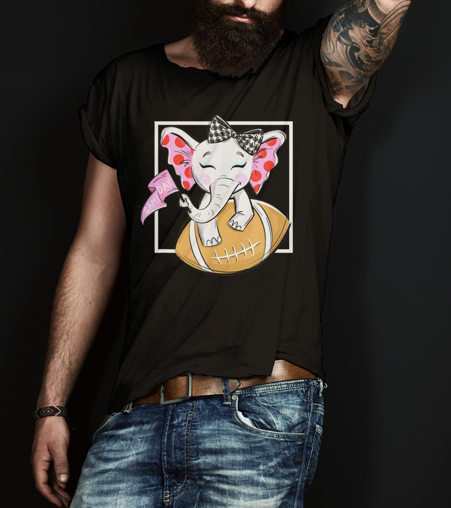 Game Day Elephant With Pink Flag And Houndstooth Bow On Football For Women And Girls Football T-Shirt