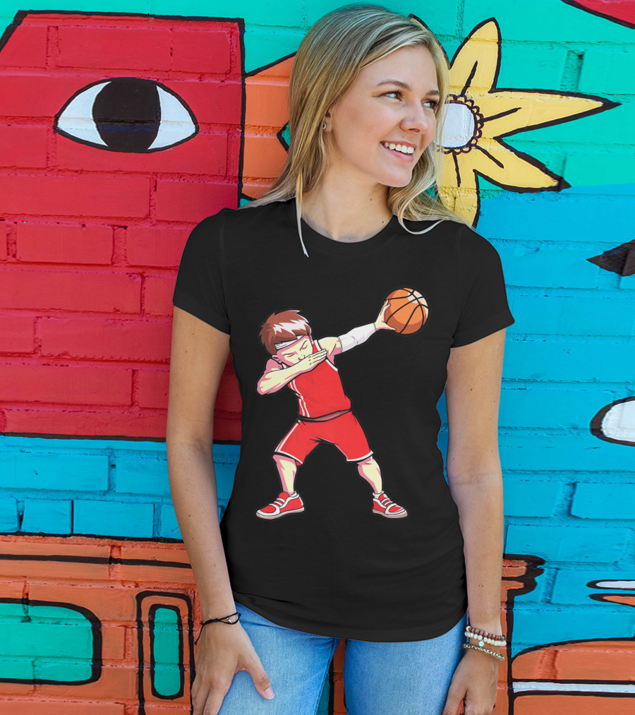 Dabbing Basketball Boy Dab Dance Player In Red Uniform Holding Ball T-Shirt