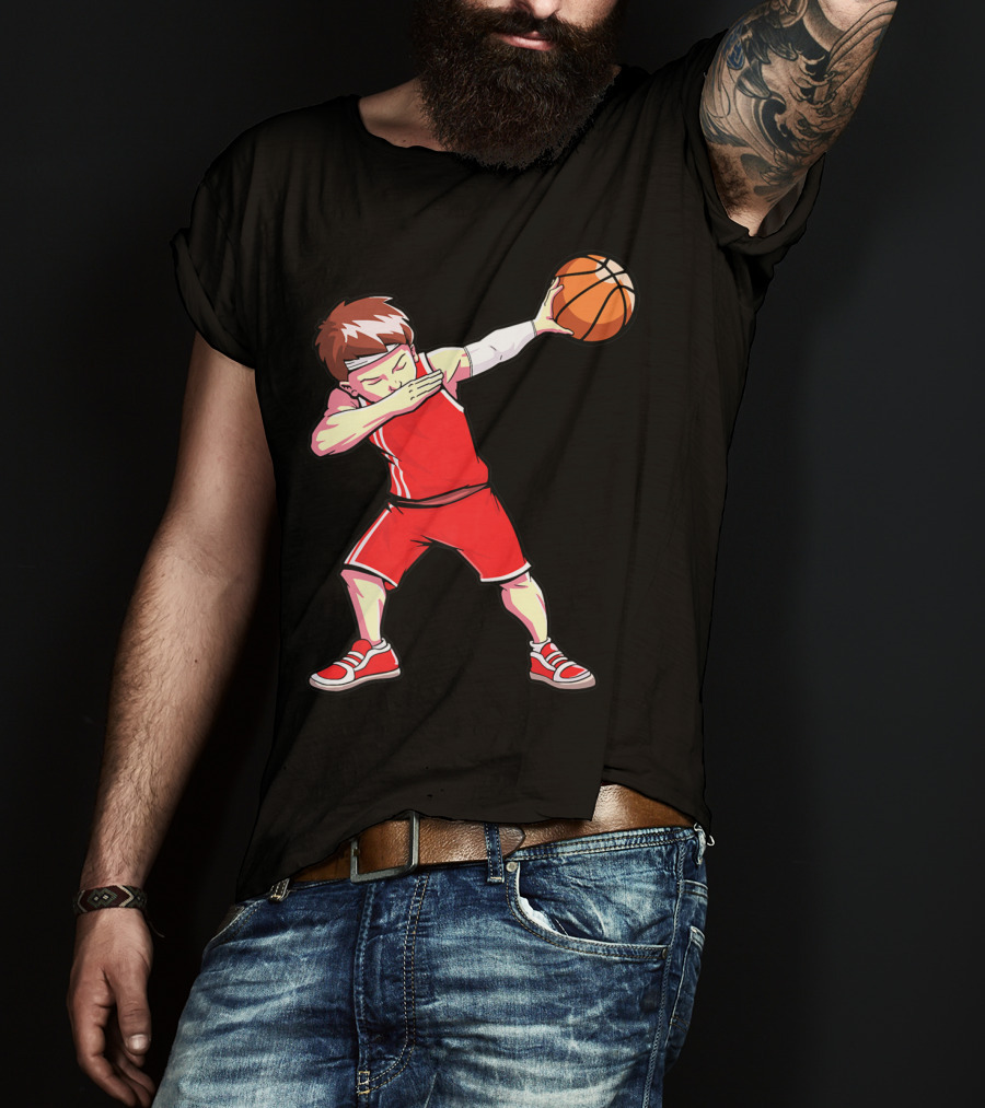 Dabbing Basketball Boy Dab Dance Player In Red Uniform Holding Ball T-Shirt