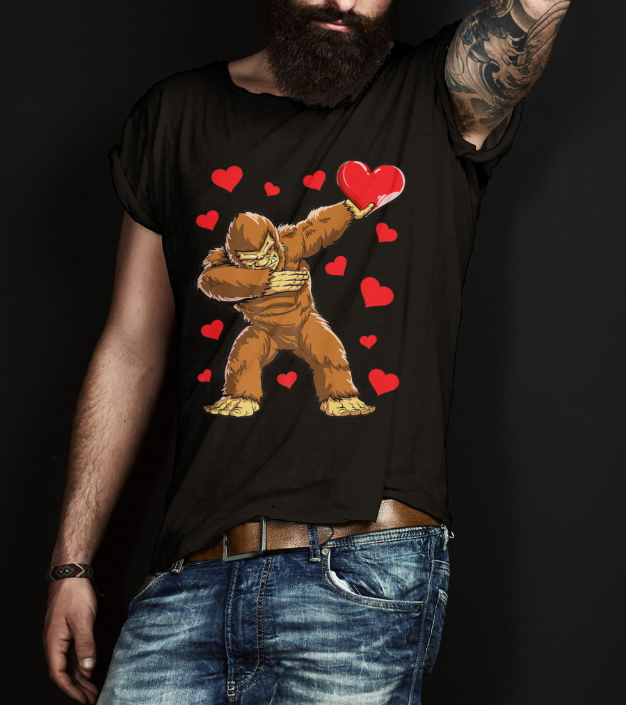 Dabbing Bigfoot With Heart Valentine's Day Boys Men Love T-Shirt