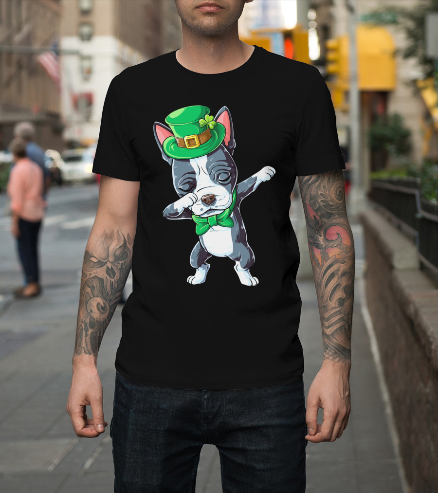 Dabbing Boston Terrier St Patricks Day Leprechaun Green Hat Bow Tie T-Shirt