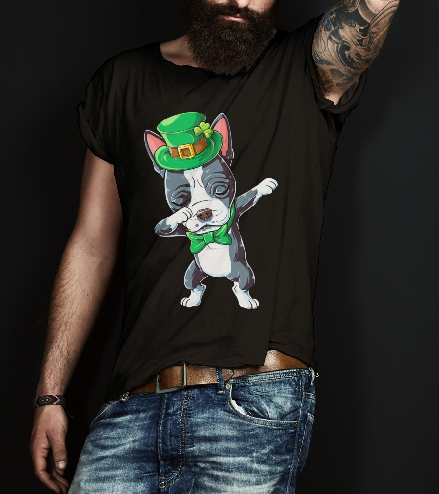 Dabbing Boston Terrier St Patricks Day Leprechaun Green Hat Bow Tie T-Shirt