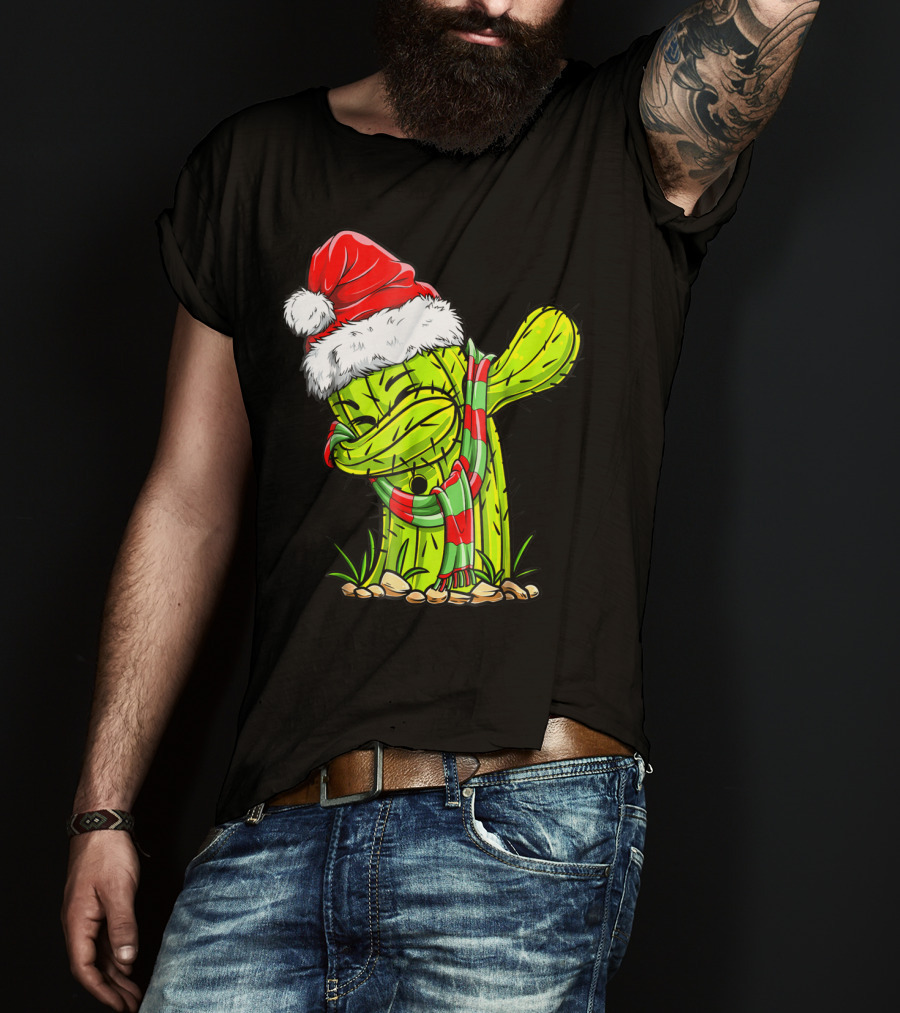 Dabbing Cactus Santa Christmas Hat And Scarf T-Shirt