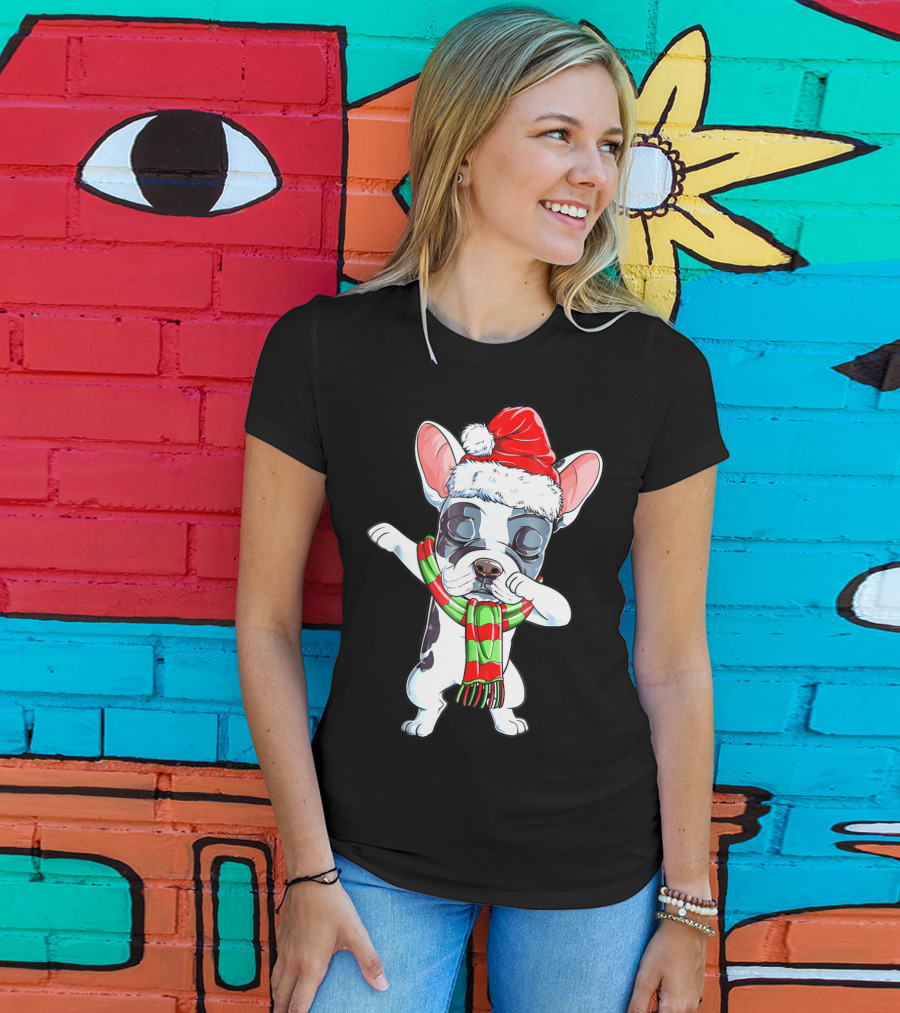 Dabbing French Bulldog Santa Christmas Scarf T-Shirt