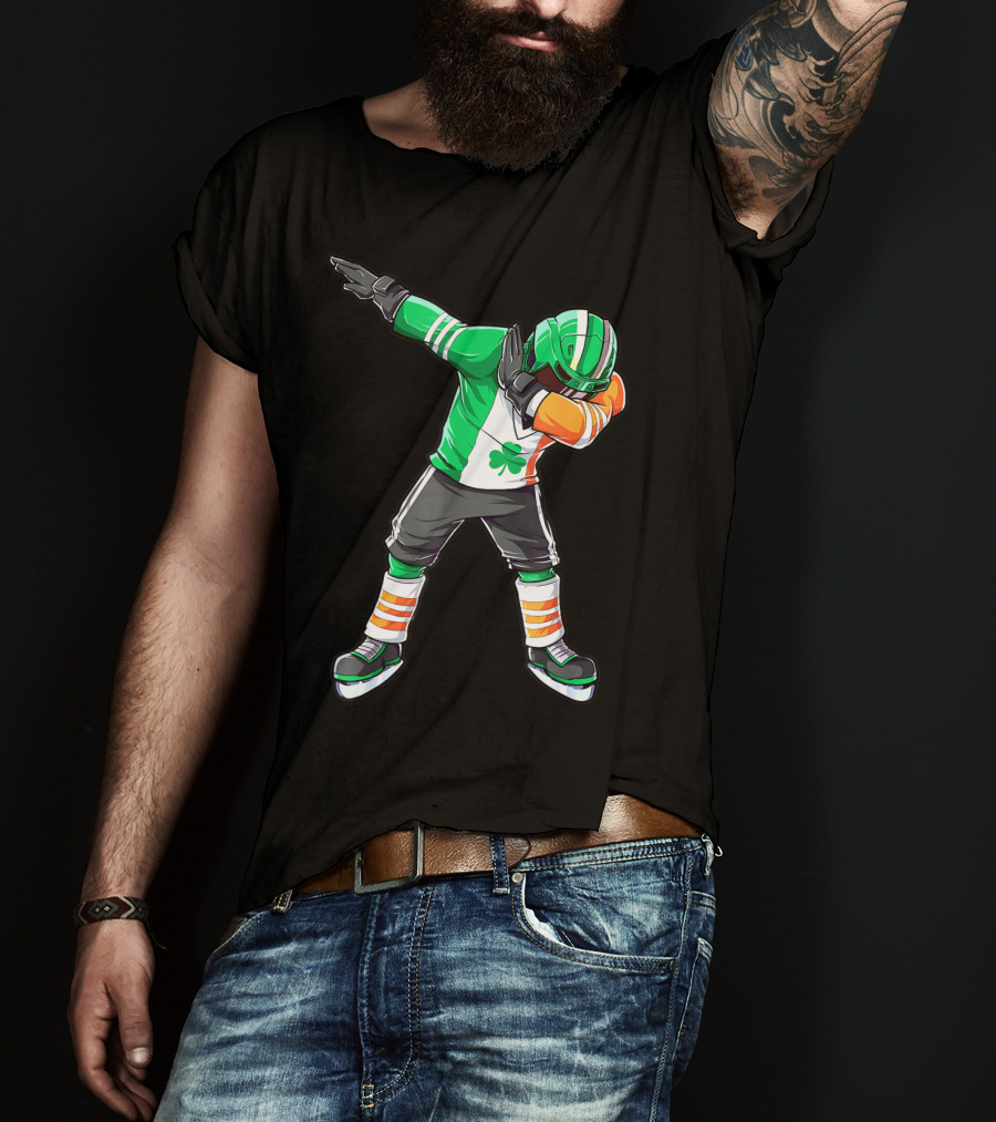 St Patricks Day Ireland Flag Dabbing Hockey Player Irish Shamrock T-Shirt