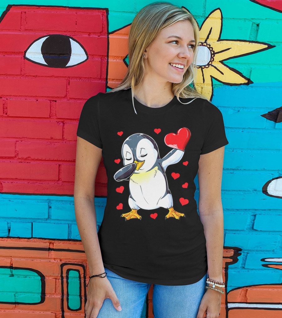 Dabbing Penguin Holding Heart Surrounded By Valentine Hearts T-Shirt